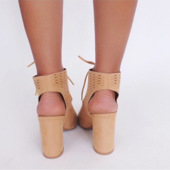 Beige Lace Up Caged Fall Booties Block Heel Sandal - Picture 3 of 4